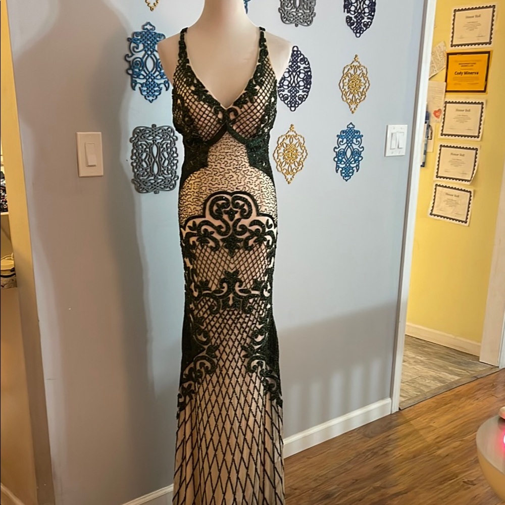 Primavera Couture Green Beaded and Nude cocktail Dress